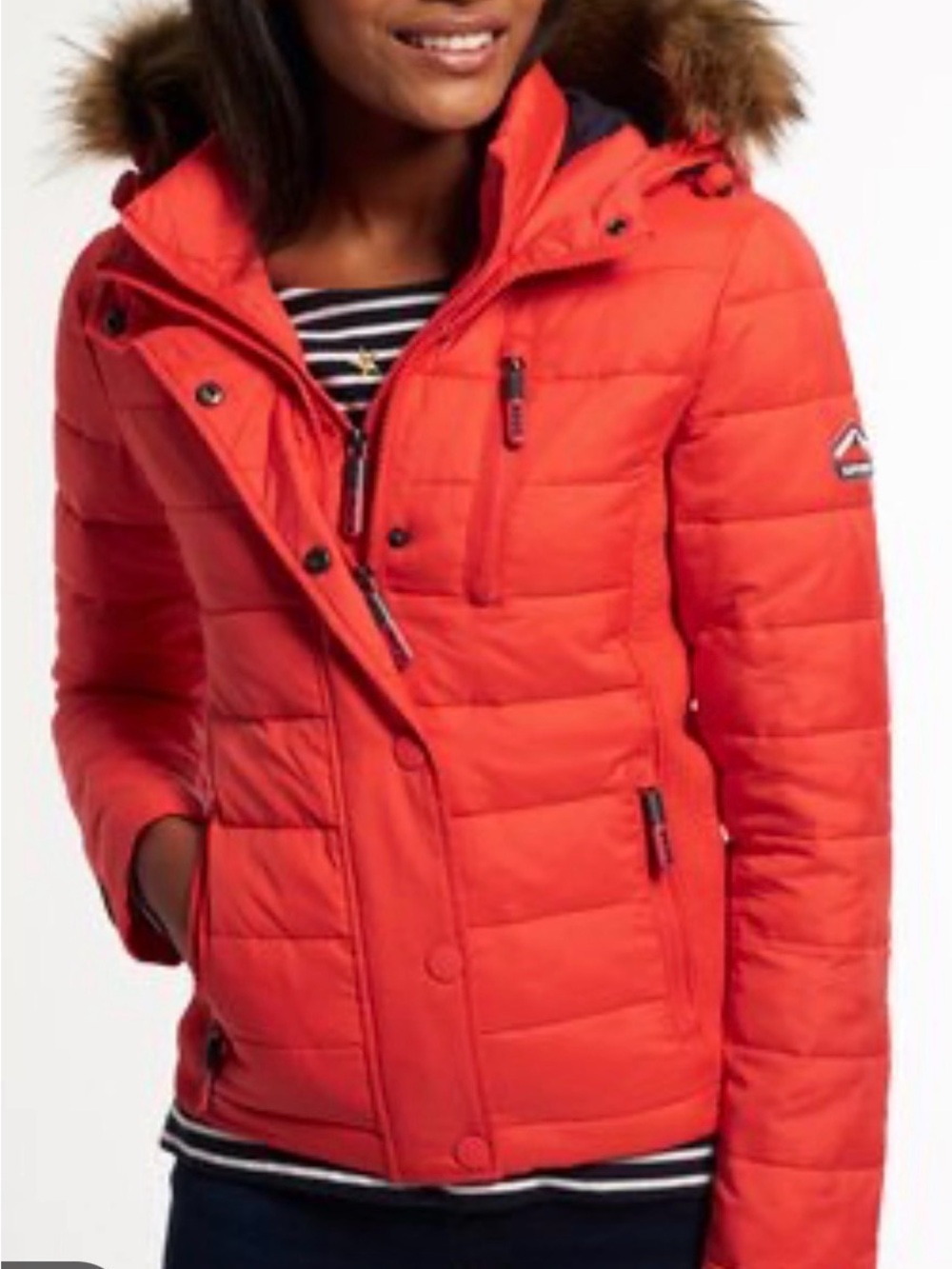 SUPERDRY Jacket Women's Large Hooded Removable Faux Fur Quilted Padded - Red